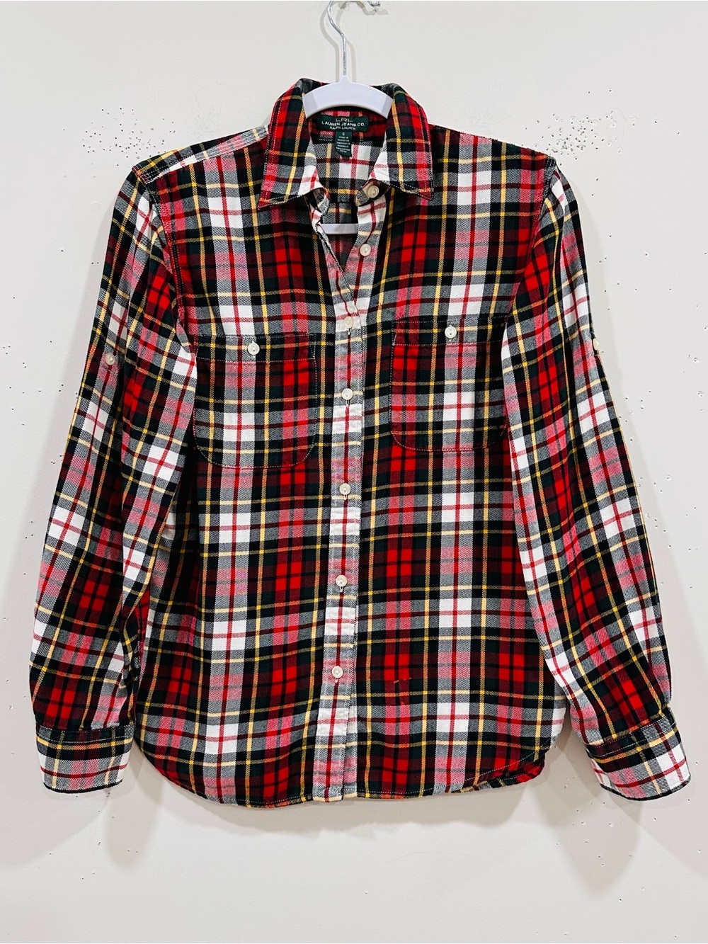 Lauren Ralph Lauren Jeans Co Plaid Flannel Shirt Womens S Red Tartan Roll Up
